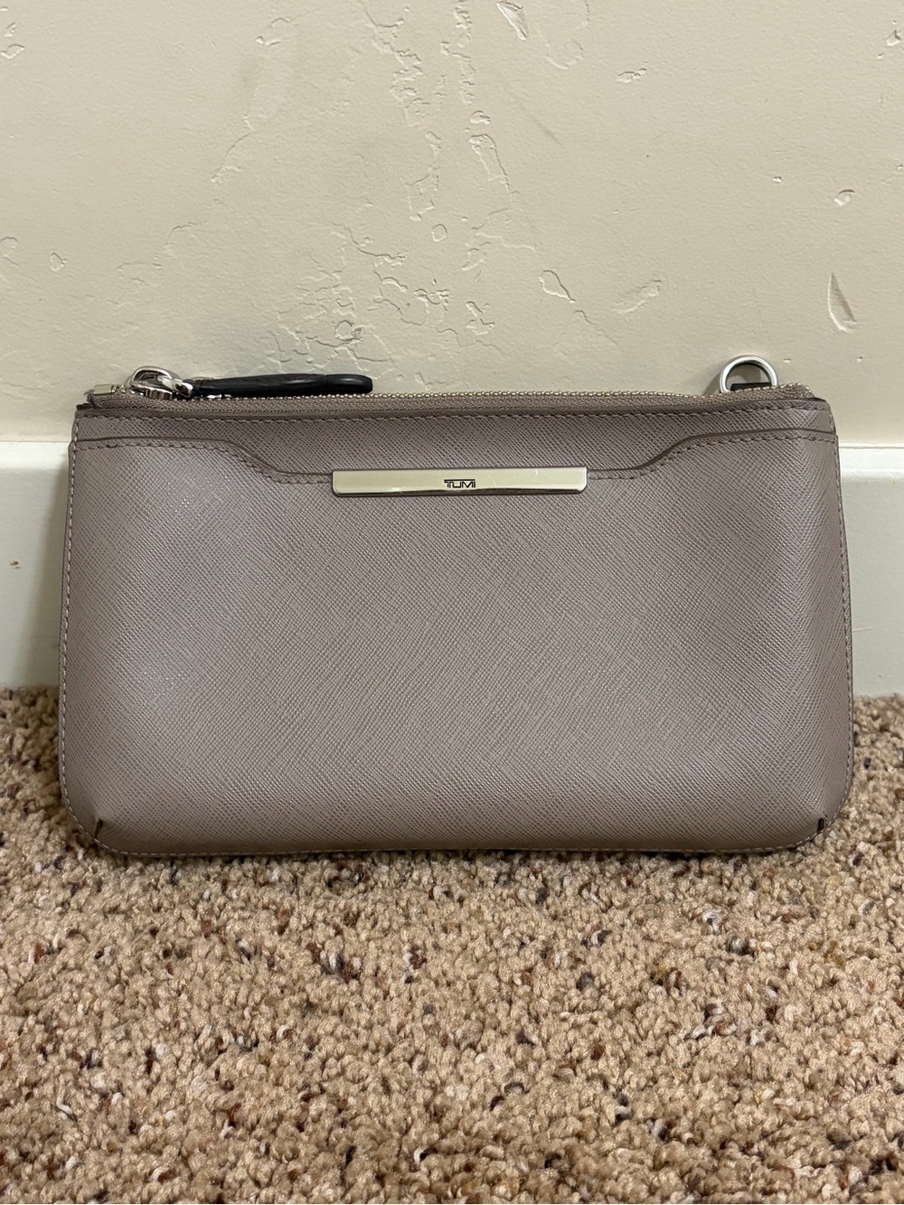 Tumi Crossbody Bag Taupe Grey Saffiano Leather Travel Organizer